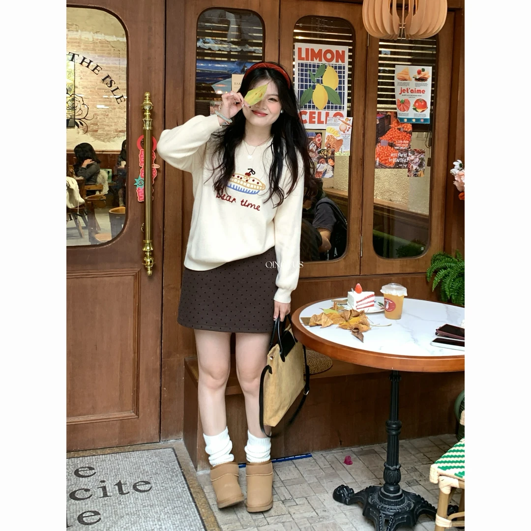 QINGYUS-韩版微胖针织衫气质正肩高克重保暖蛋糕ins显瘦大码女装