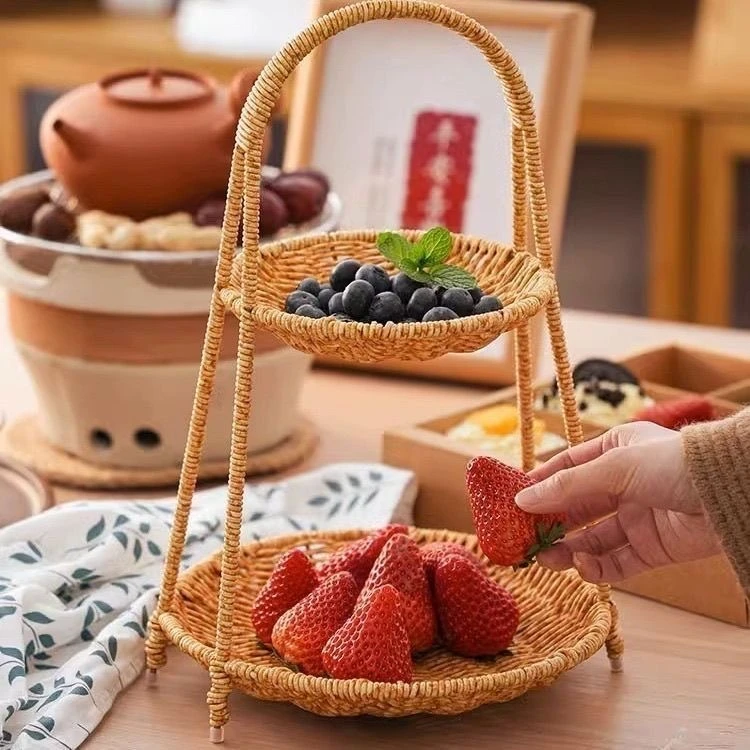 围炉煮茶果盘手工编织多层点心篮茶几水果盘多层藤编果篮家用客厅