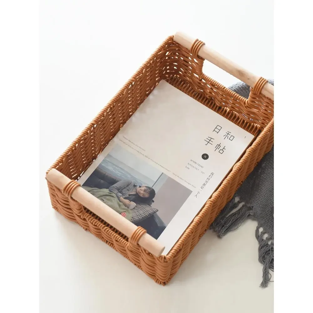仿藤编木把收纳篮塑料整理筐杂物储物篮零食收纳筐学生书筐编织篮