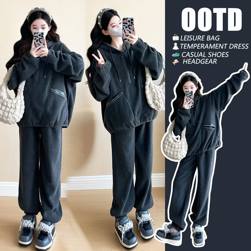 孕妇秋冬新款开衫外套高级感炸街休闲连帽卫衣时尚两件套孕妈套装