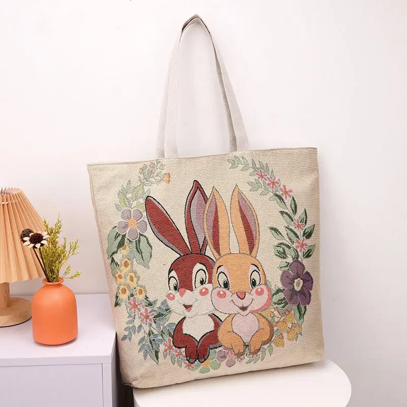 兔子包2023新款大容量ins包包麻布双面金丝提花刺绣单肩包手提包