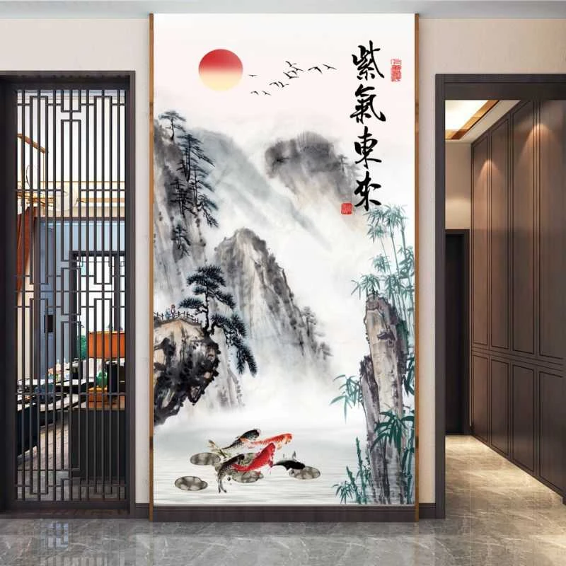 新中式山水大气紫气东来玄关背景墙壁画定制挑高电视沙发客厅背景