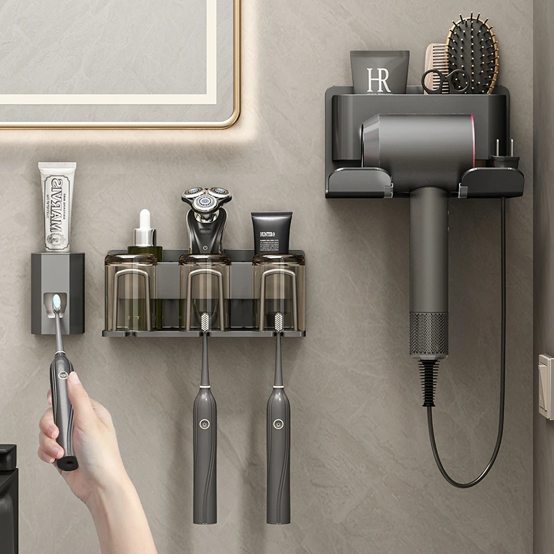 牙刷置物架免打孔枪灰卫生间漱口杯刷牙杯收纳壁挂式电动牙刷架子