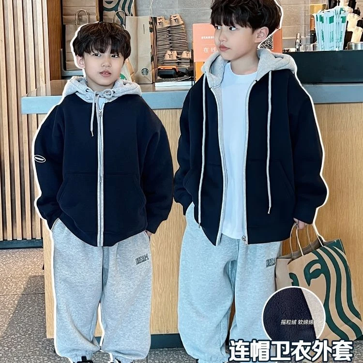 小小天男童外套2023秋冬男童中大童韩版宽松连帽加厚加绒纯棉卫衣