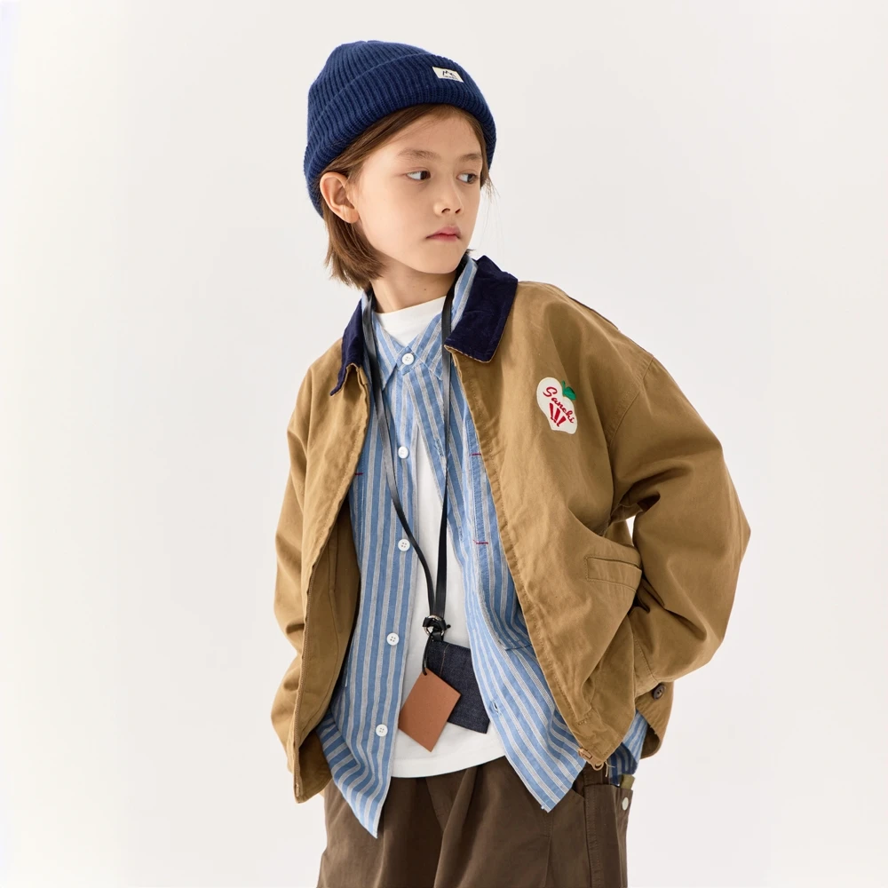 童装新款男童工装夹克翻领美式复古撞色儿童印花中大童春秋外套潮