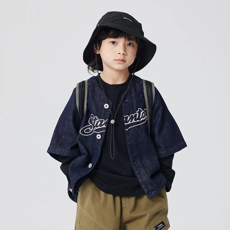 小小天童装美式复古不褪色牛仔男女童马甲外套中大童街头风上衣潮