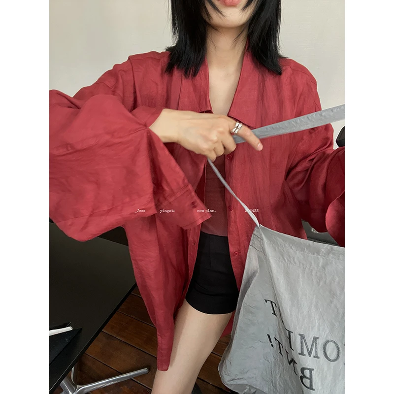 JCCC影子【绯红】苎麻红色衬衫设计感气质宽松廓形长袖衬衣JE4ESC10
