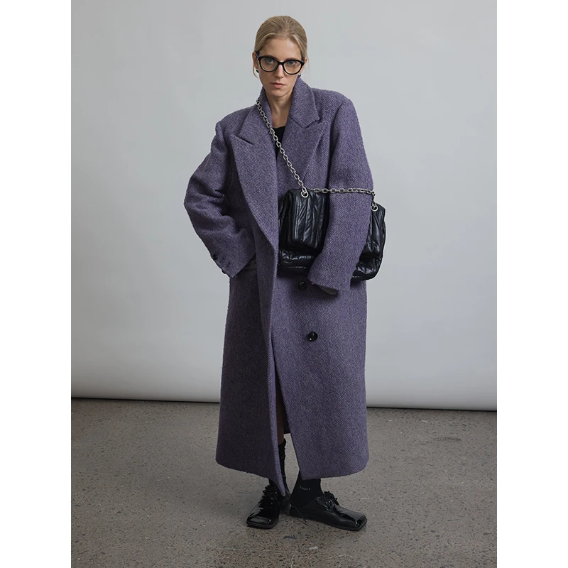 JCCC影子【暮山紫】紫色混纺绵羊毛人字纹长款毛呢外套JE3IYD10