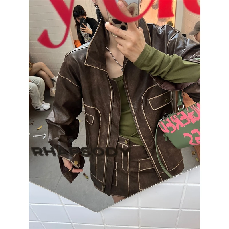 JCCC影子【日落电台】咖色复古两件套pu皮上衣A型半裙JE3JPZ10