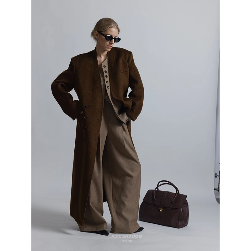 JCCC影子【勃朗序】咖色无领骆驼绒双面呢长款大衣JE4IMD10