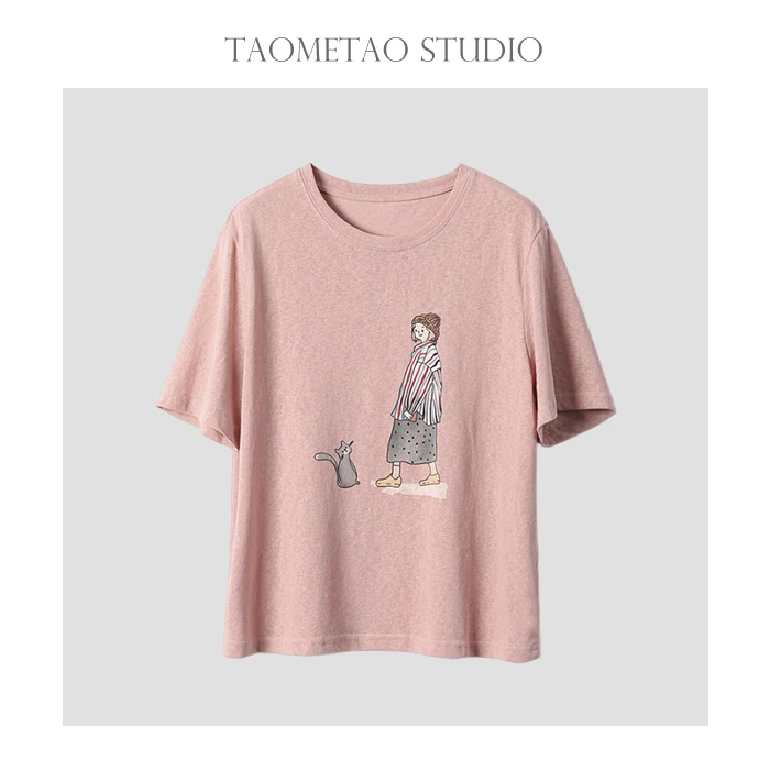 淘么淘 手绘印花 呼吸透气亚麻薄款宽松圆领短袖T恤上衣女夏新款