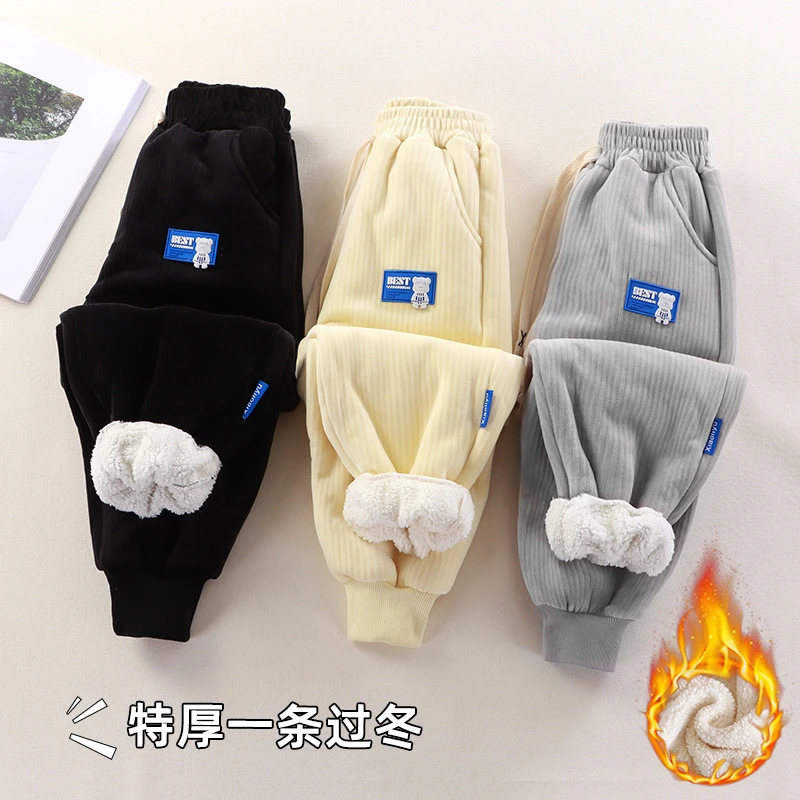 新款儿童加绒裤子男童加绒卫裤女童加厚外穿带兜运动裤宝宝保暖裤