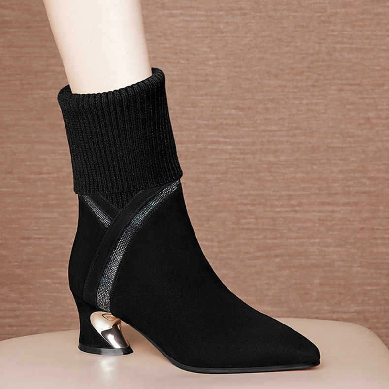 毛线水钻高跟短靴女秋2024年秋冬加绒粗跟女靴尖头针织中筒瘦瘦靴