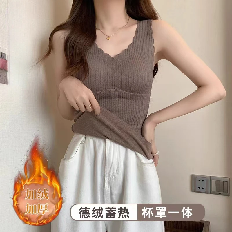 德绒自发热蕾丝保暖内衣女加绒加厚内搭吊带背心冬季大码打底上衣