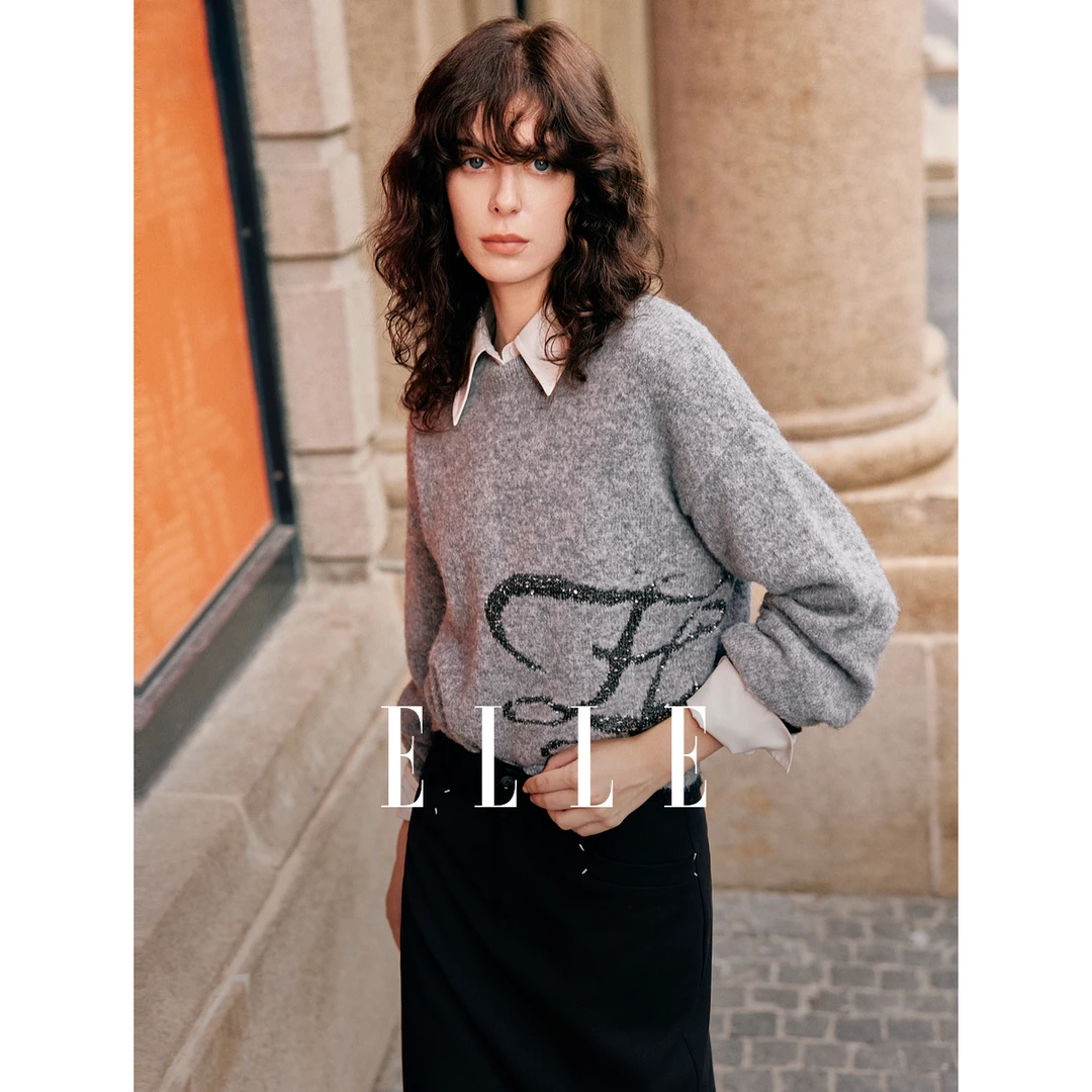 ELLE灰色设计感休闲文艺毛针织衫女2024冬季新款慵懒气质EM49513