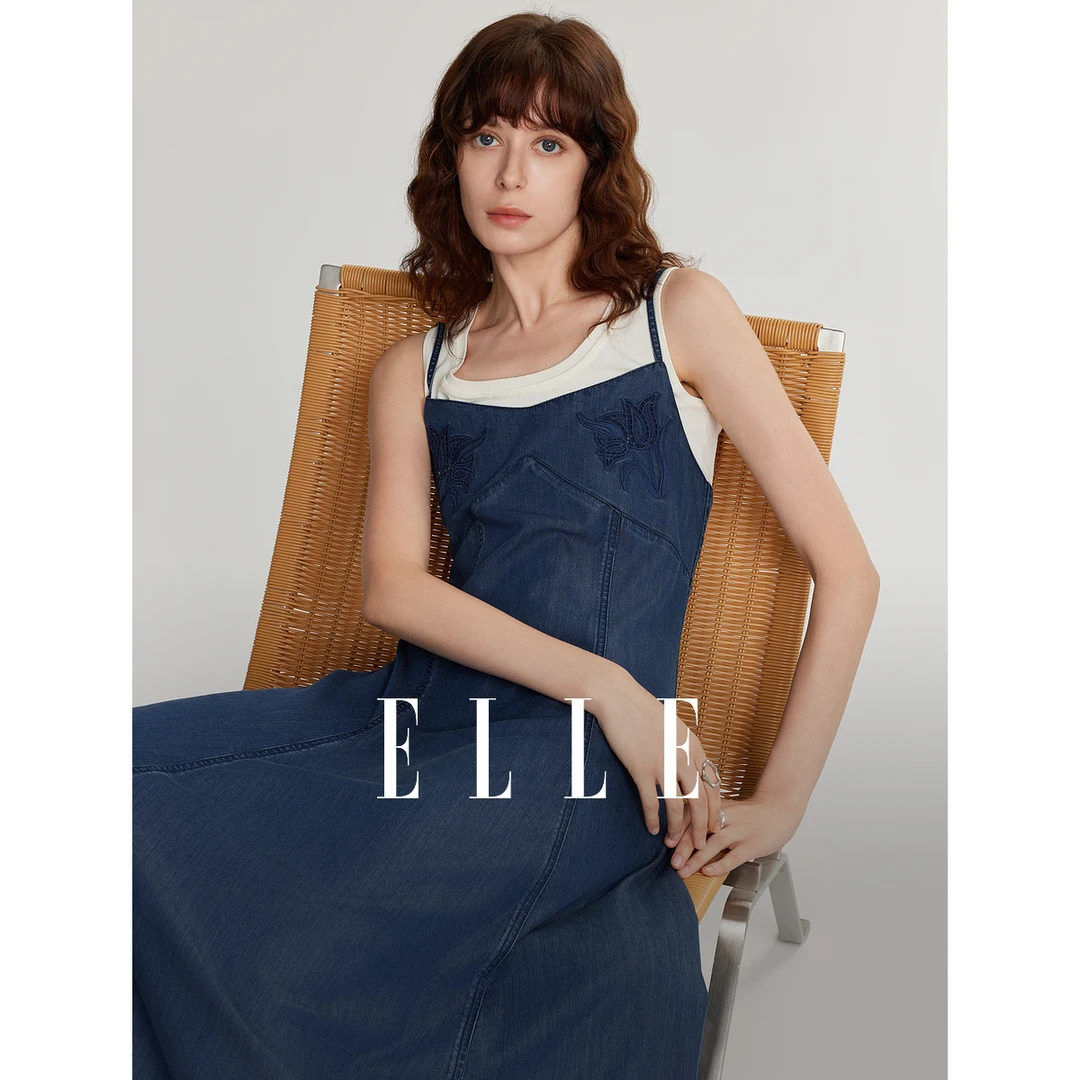 ELLE刺绣设计感连衣裙2025春欧若风上档次无袖吊带裙子EL48915