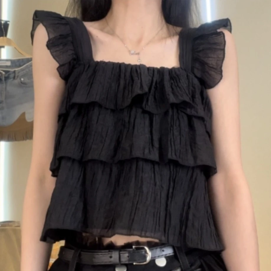 广州乐乐家～夏季甜美吊带背心女装法式荷叶边飞飞袖小个子百搭小