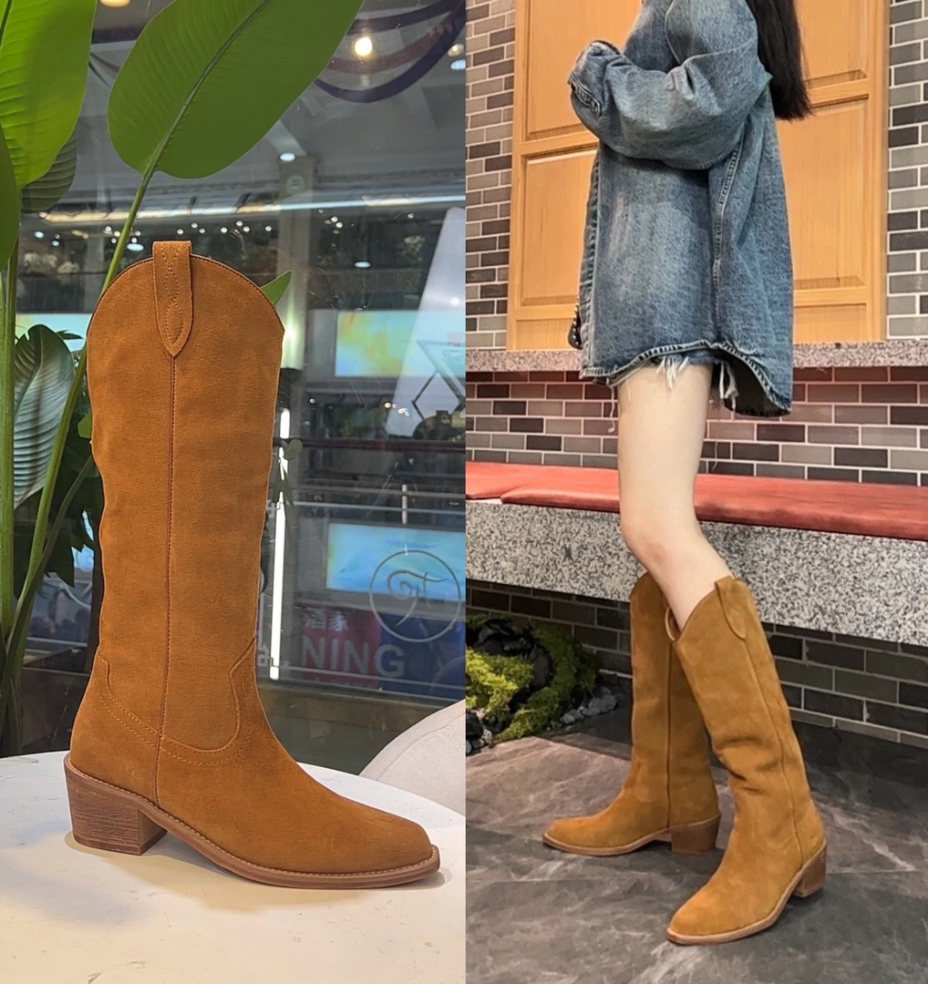 广州乐乐~秋冬季新款复古尖头粗跟V口长靴女单靴真皮骑士靴888-10