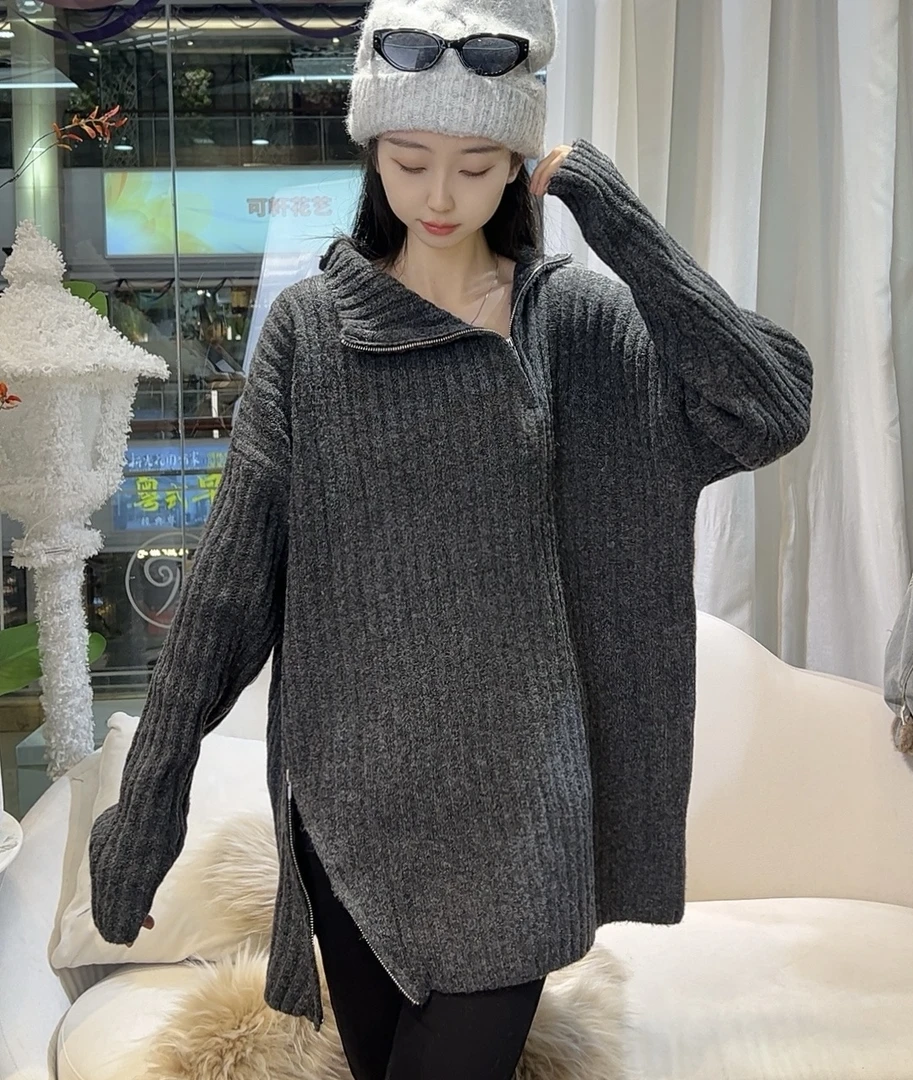 广州唐乐乐~高领侧拉链针织衫休闲宽松毛衣 BF0367
