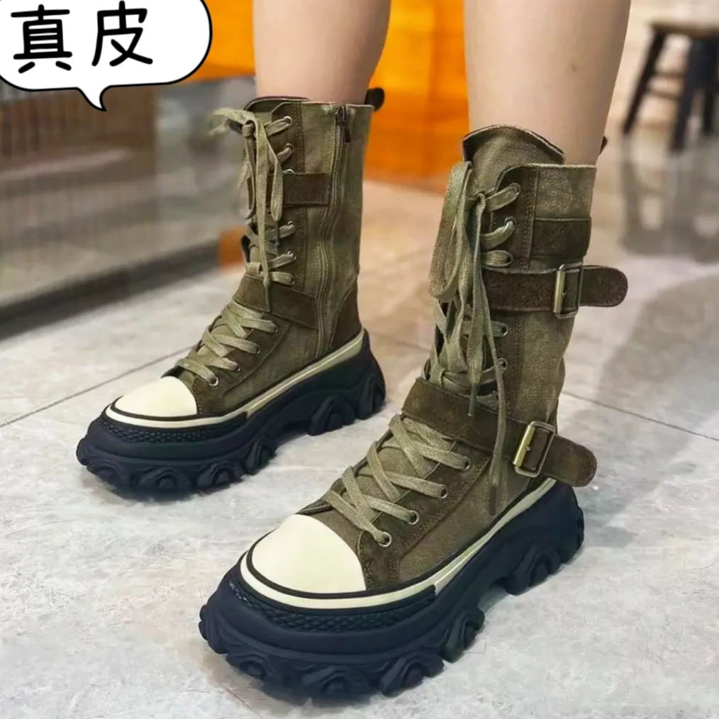【广州精选真皮双扣带时尚靴】欧洲站潮牌罗马时尚百搭9083