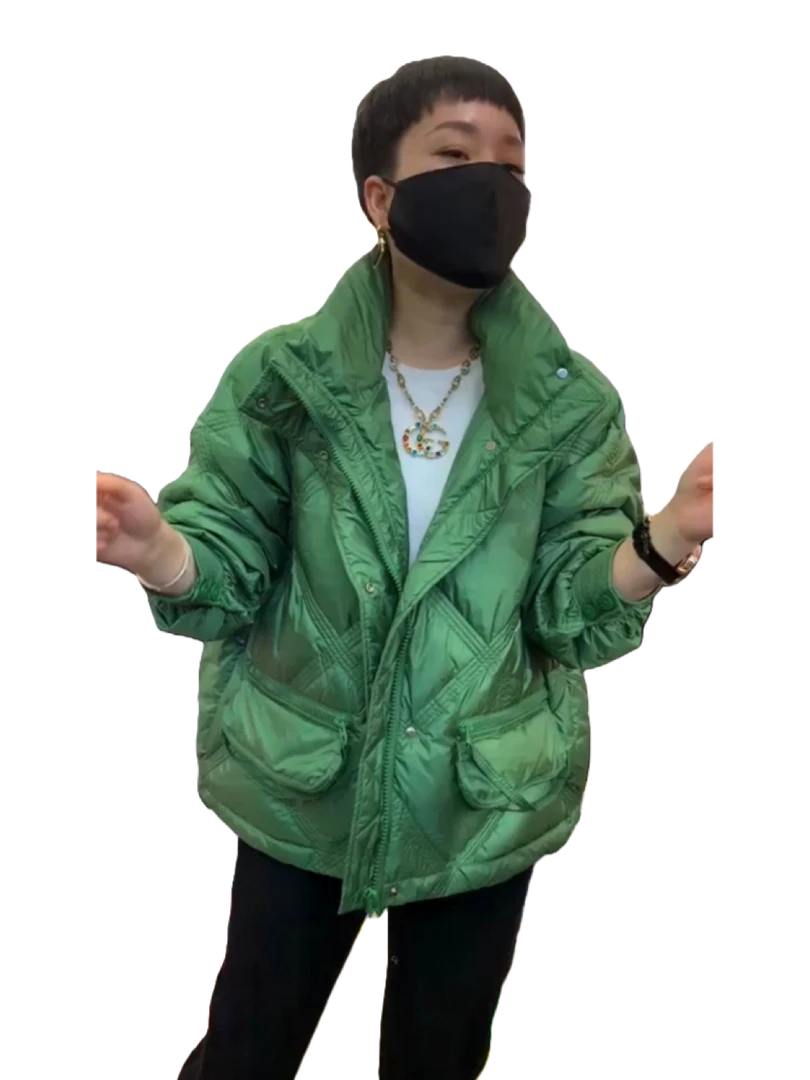 2023新款冬款厚外套潮流菱形格设计感冬季保暖外套绿色韩版加厚
