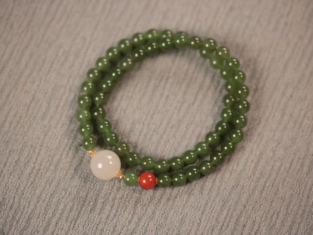 和田玉碧玉6mm双圈手串【藕粉顶珠】【18k金：0.15g】