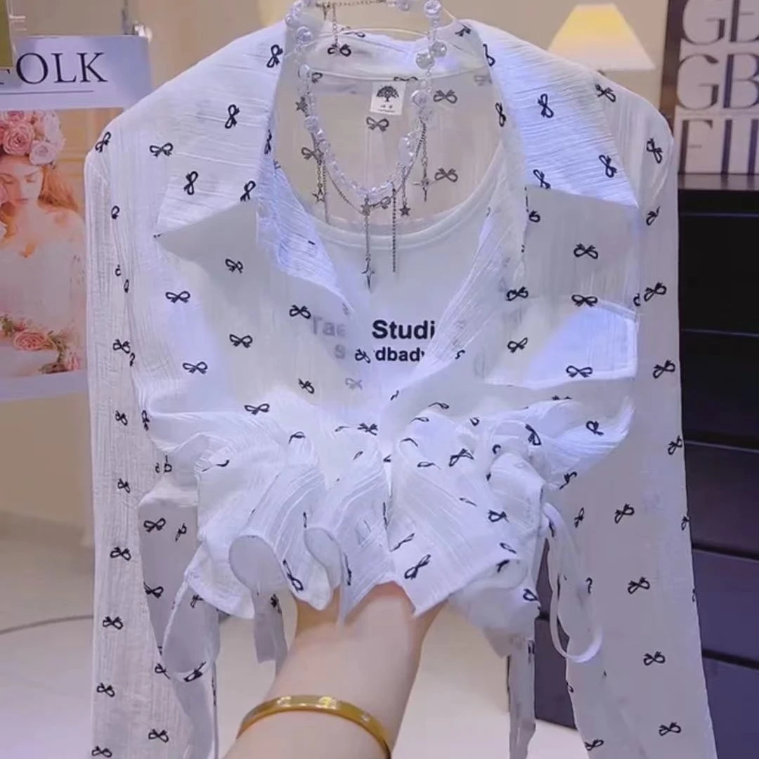 防晒衣蝴蝶结衬衫两件套夏季2024薄款宽松时尚高级感透气百搭衬衣