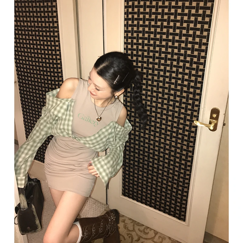 【我的女孩】格子拼接假两件连衣裙女修身包臀短裙3715