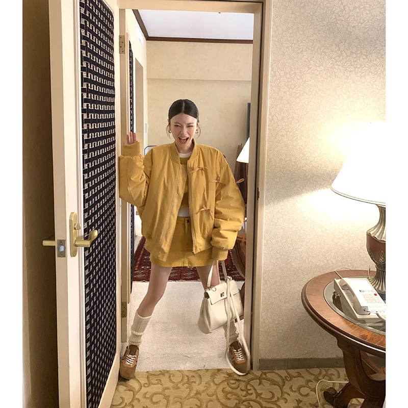 【芒果冰皮】美式黄色棒球服棉衣外套女夹克棉服4014