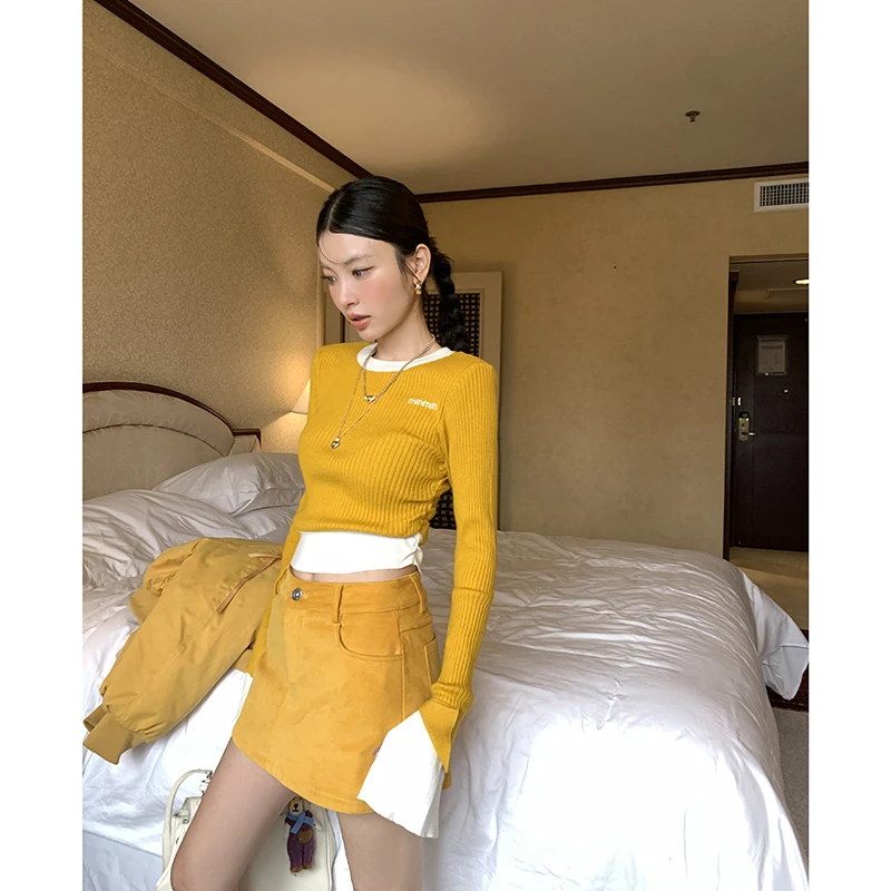 【旭日阳刚】拼色针织衫女打底衫内搭外穿短上衣4015