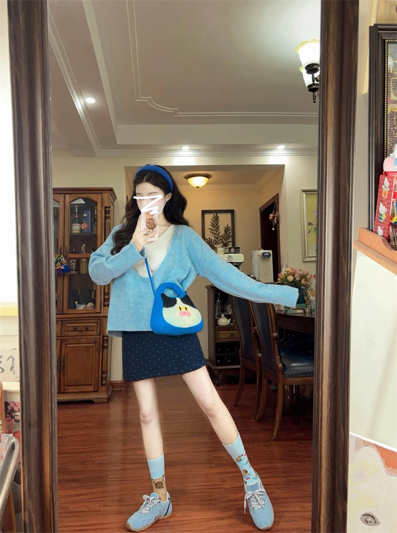 慵懒风紫色针织衫女2024早秋新款高级感套装v领毛衣韩系上衣穿搭