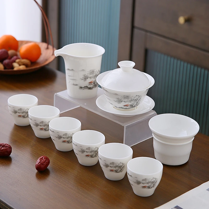 言泥水墨陶瓷茶具套装德化白瓷中式包装盖碗茶杯公道杯家用高档