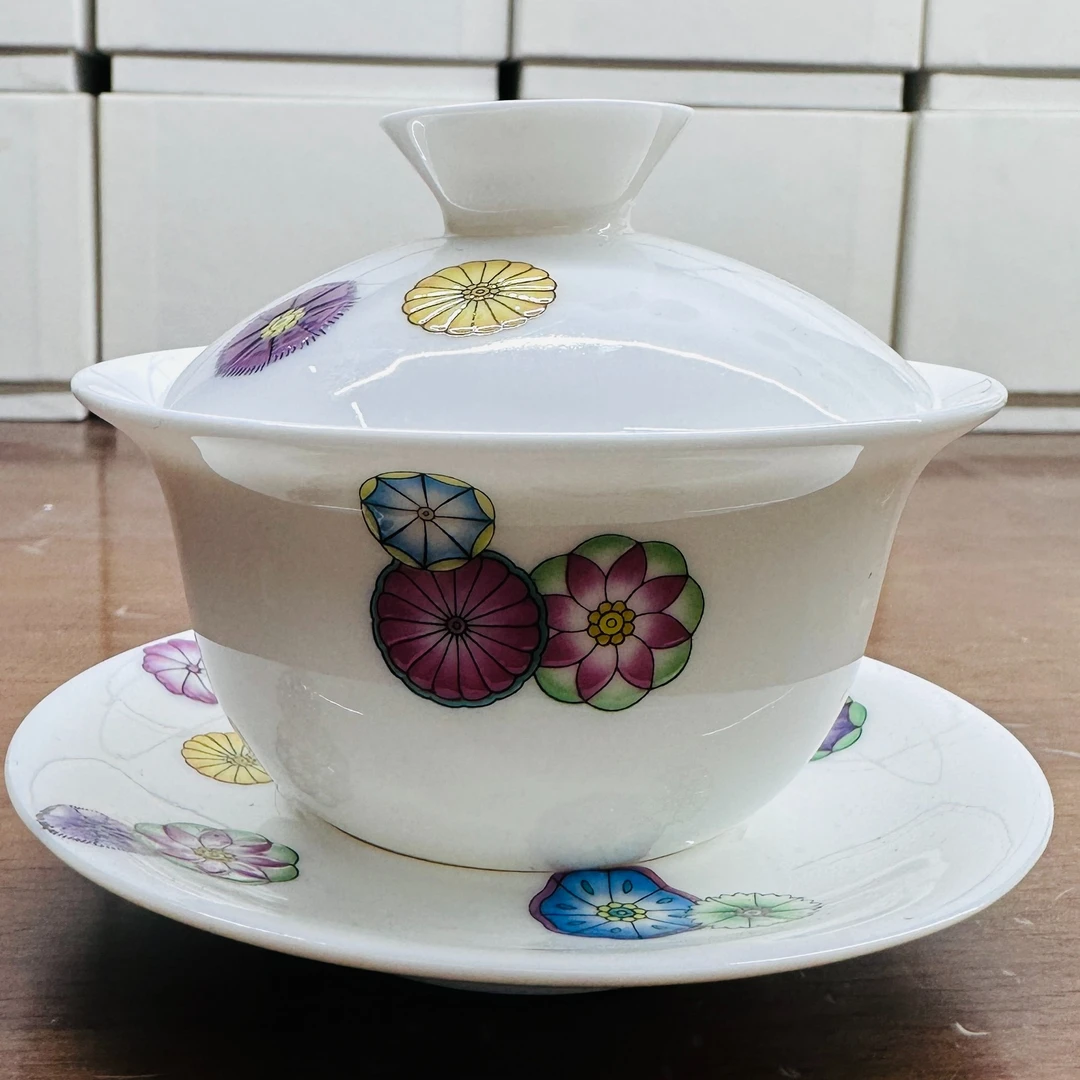 手工高档三才盖碗羊脂玉瓷六鹤同春盖碗家用德化白瓷盖碗不烫