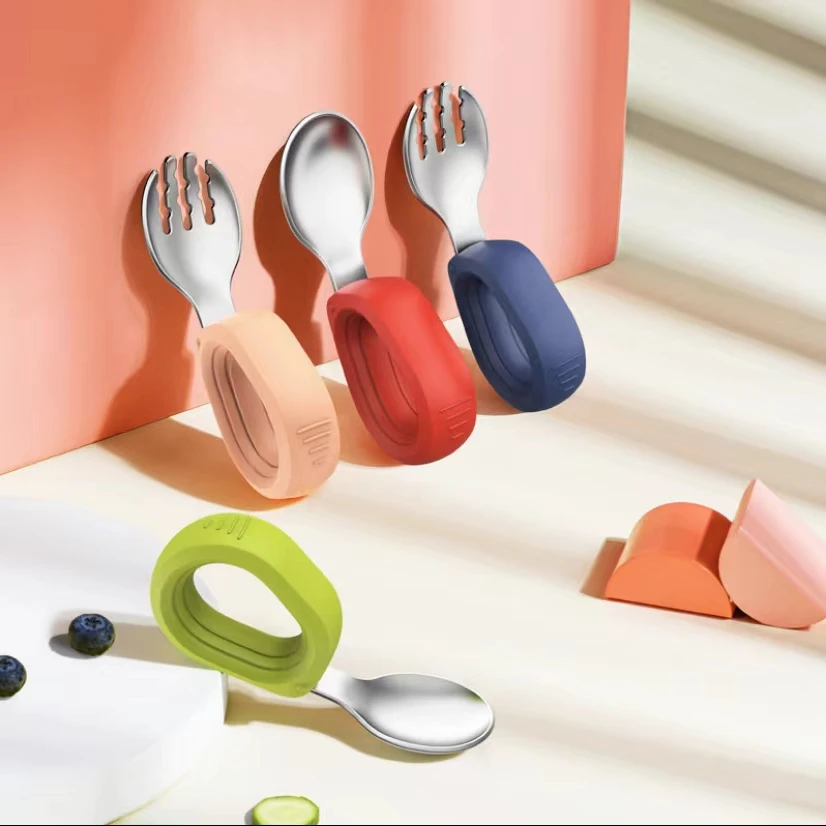 宝宝勺子自主进食弯头勺一岁婴儿吃饭训练勺不锈钢学吃 饭辅食勺