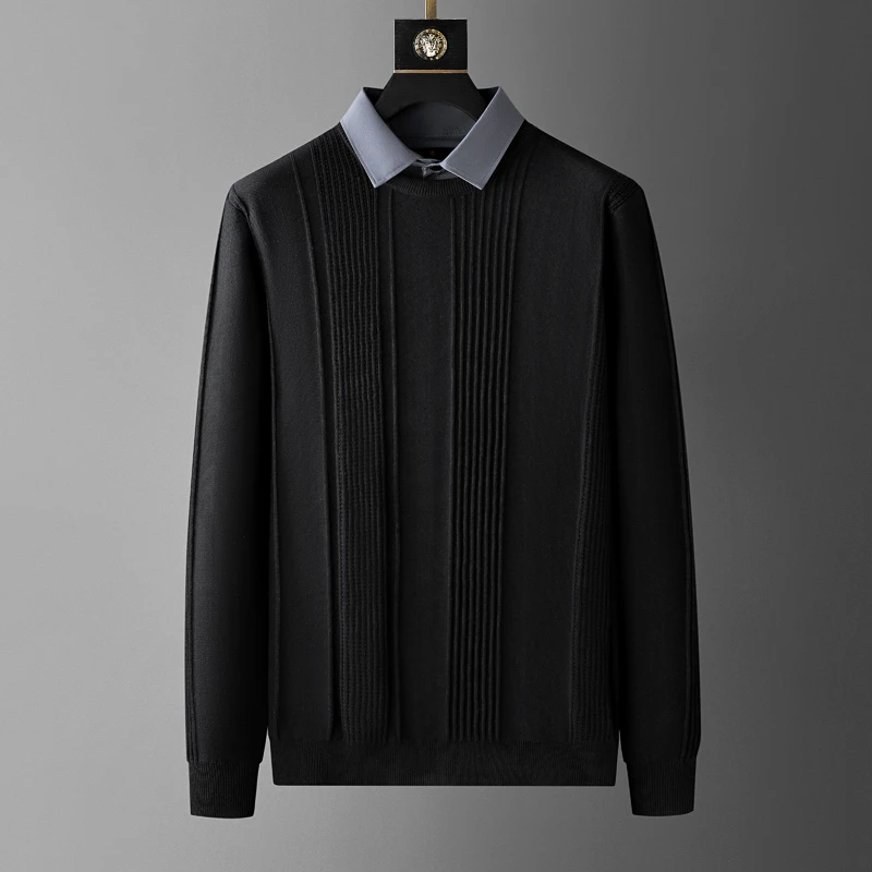 BM新款加肥加大码假两件针织衫简约商务休闲特大码肥佬男士毛衣