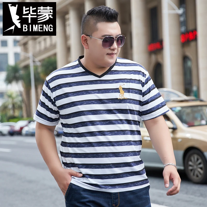 商务大码男装胖子短袖t恤男潮流条纹刺绣肥佬宽松男士肥胖T恤BM