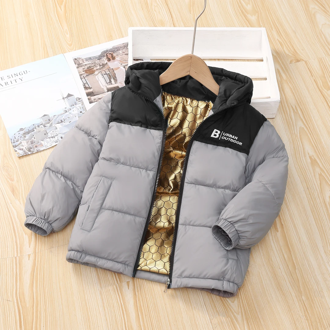 儿童拼色黑金棉服中小童男童女童轻薄洋气短款宝宝连帽加厚中大童