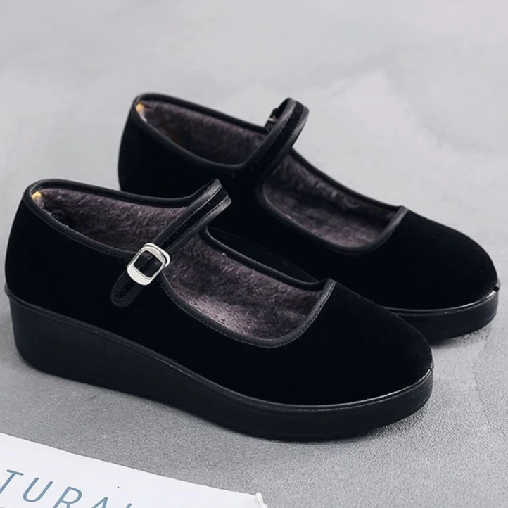 【聚酯底】棉鞋女冬黑色工作鞋加绒保暖平底防滑酒店老北京布鞋女