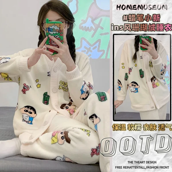 情侣款珊瑚绒睡衣女秋冬季加厚加绒大码新款卡通法兰绒家居服套装