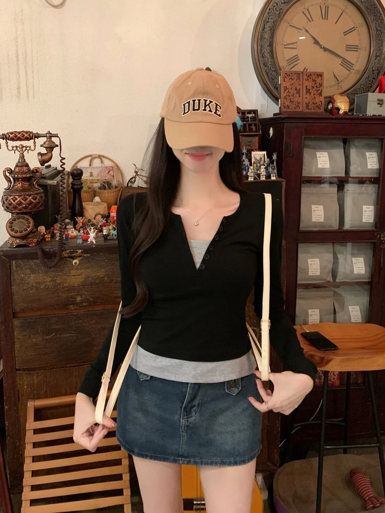 秋冬磨毛拼接撞色假两件长袖修身显瘦带胸垫设计感百搭保暖上衣