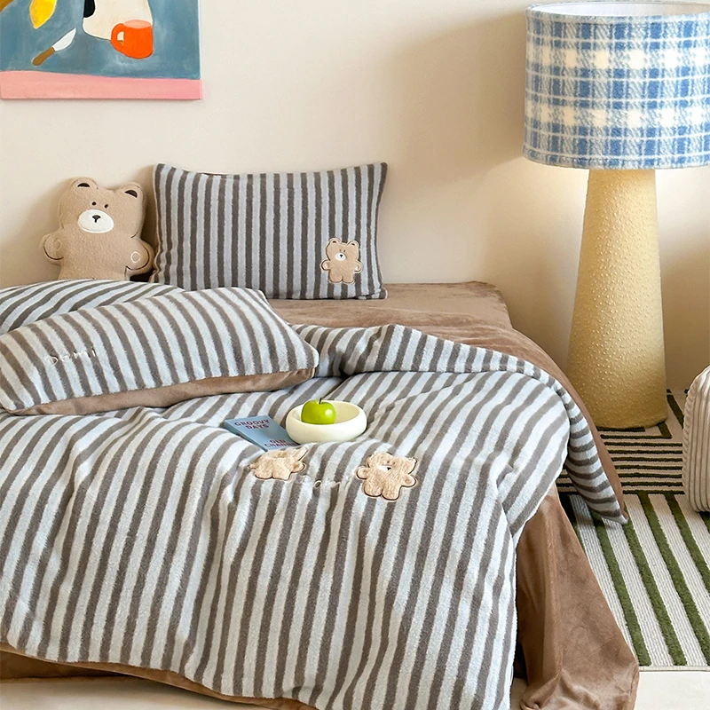 可爱卡通条纹丨牛奶绒四件套2024新款床单被套加厚绒冬季保暖床品