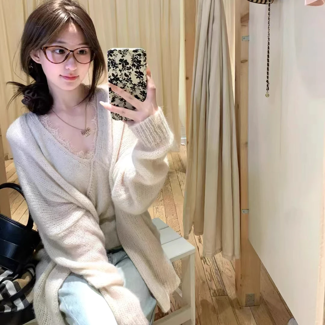 甜粿妹妹 慵懒温柔拼接V领针织套装长袖开衫两件套毛衣