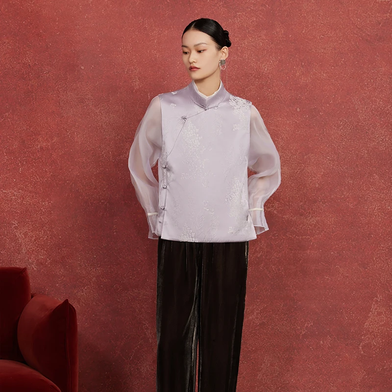 如意连云春秋装新款立领斜盘扣提花马甲女新中式国风外穿坎肩