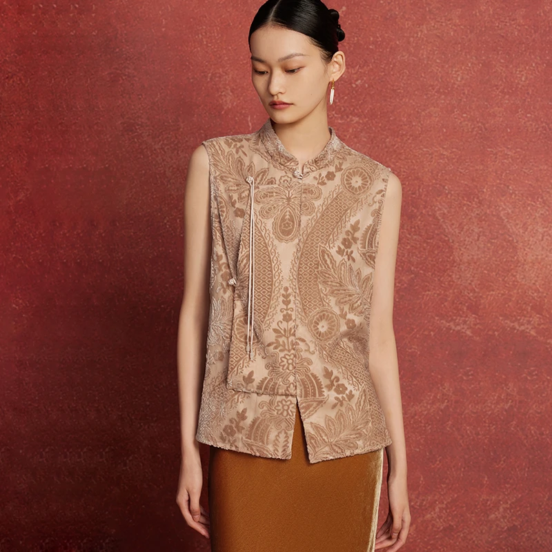 如意连云春秋新款立领烧花丝绒马夹女新中式国风玉石珠流苏坎肩