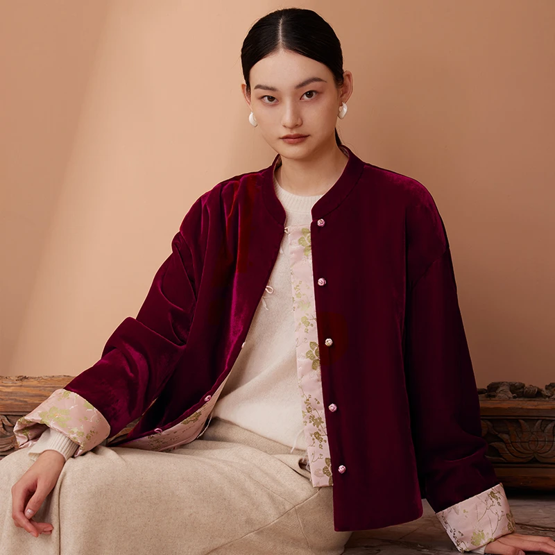 如意连云【叶可可专属】冬款丝绒夹棉外套女新中式国风盘扣棉服