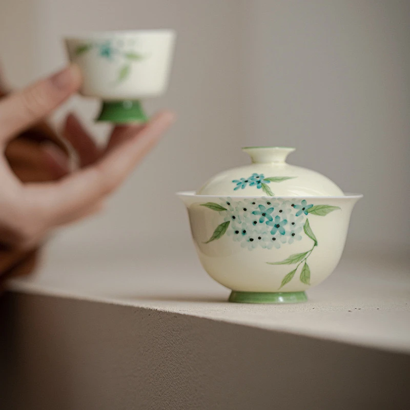 云礼茶器 手绘绣球花盖碗泡茶防烫高档手工陶瓷泡茶碗功夫茶具