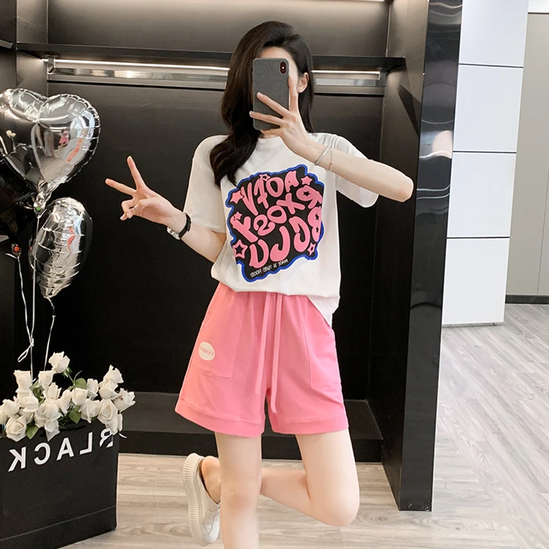 高档时尚短袖短裤休闲套装女款2024新款网红宽松洋气运动服两件套