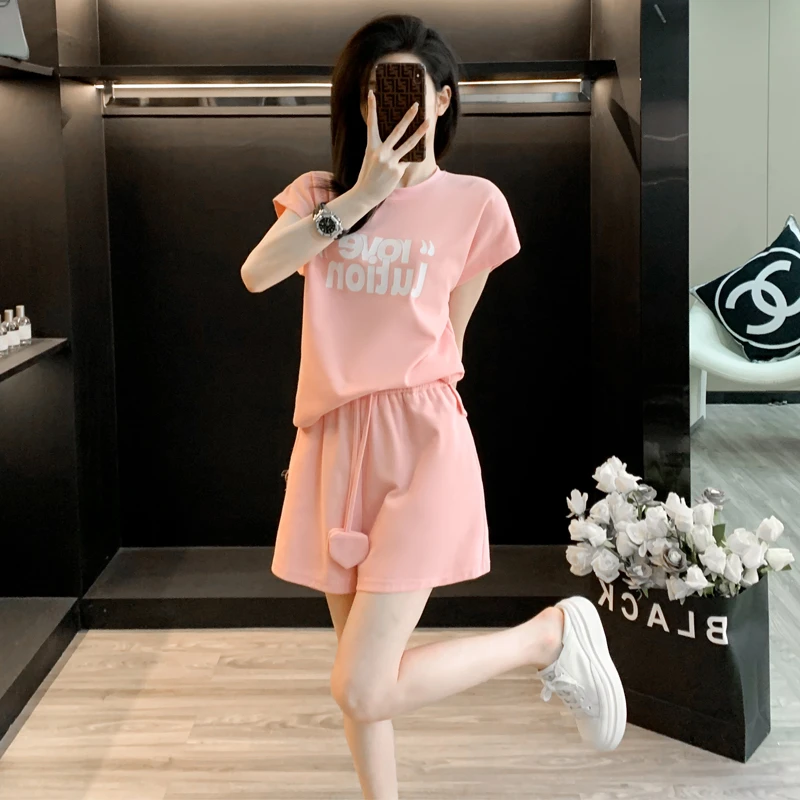 高档粉色休闲运动服套装女夏网红潮款时尚洋气减龄短袖短裤两件套
