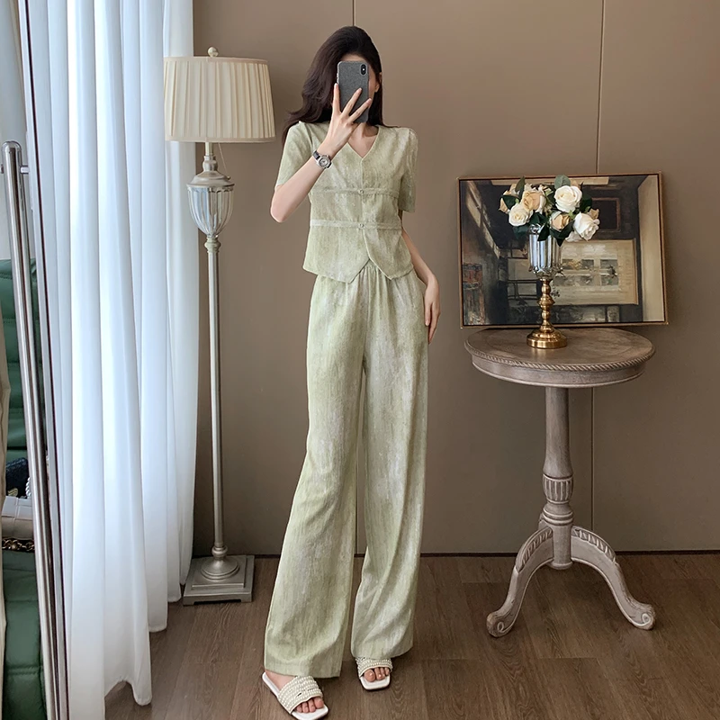 时尚洋气运动休闲套装女夏季显瘦减龄新中式国风短袖阔腿裤两件套