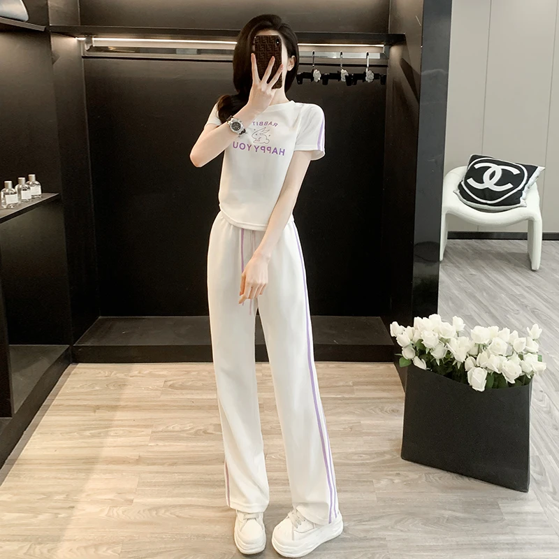 白色运动休闲套装女夏季薄款时尚洋气时髦减龄短袖阔腿裤两件套潮